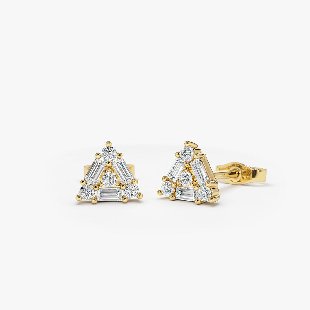 14k Triangle Shaped Round & Baguette Diamond Studs 14K Gold Ferkos Fine Jewelry