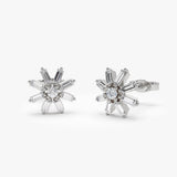 14k Floral Design Baguette Diamond Stud Earrings 14K White Gold Ferkos Fine Jewelry