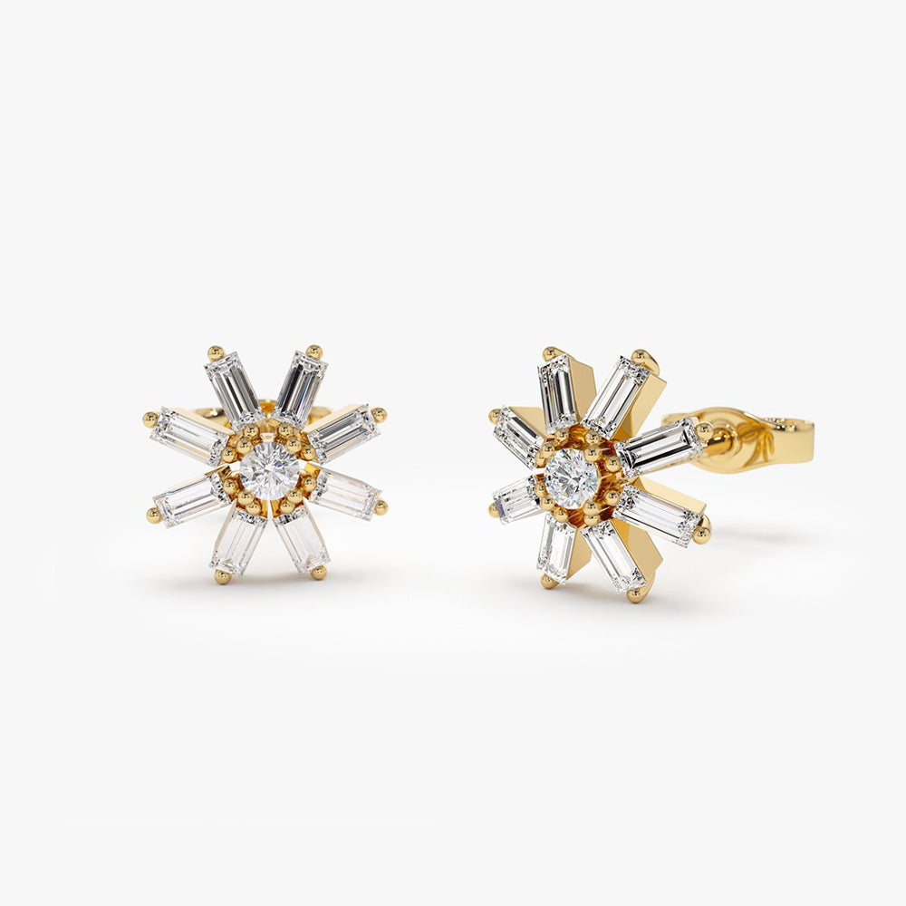 14k Floral Design Baguette Diamond Stud Earrings 14K Gold Ferkos Fine Jewelry