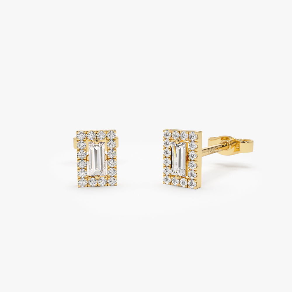 14k Baguette Diamond Halo Setting Diamond Studs 14K Gold Ferkos Fine Jewelry