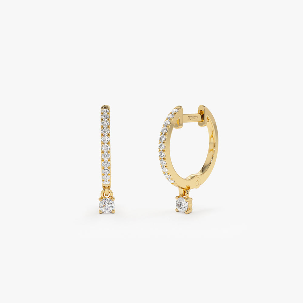 14k Diamond Huggies with a Dangling Round Diamond 14K Gold Ferkos Fine Jewelry