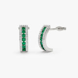 14k Emerald and Round Diamond Hoop Earrings 14K White Gold Ferkos Fine Jewelry