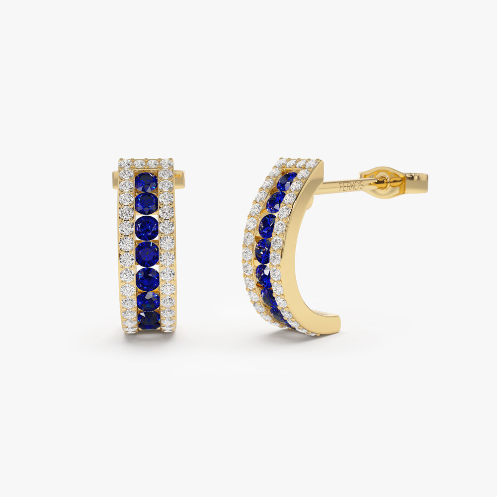 14k Sapphire and Round Diamond Hoop Earrings 14K Gold Ferkos Fine Jewelry