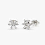 14k Mini Flower Baguette Diamond Earrings 14K White Gold Ferkos Fine Jewelry