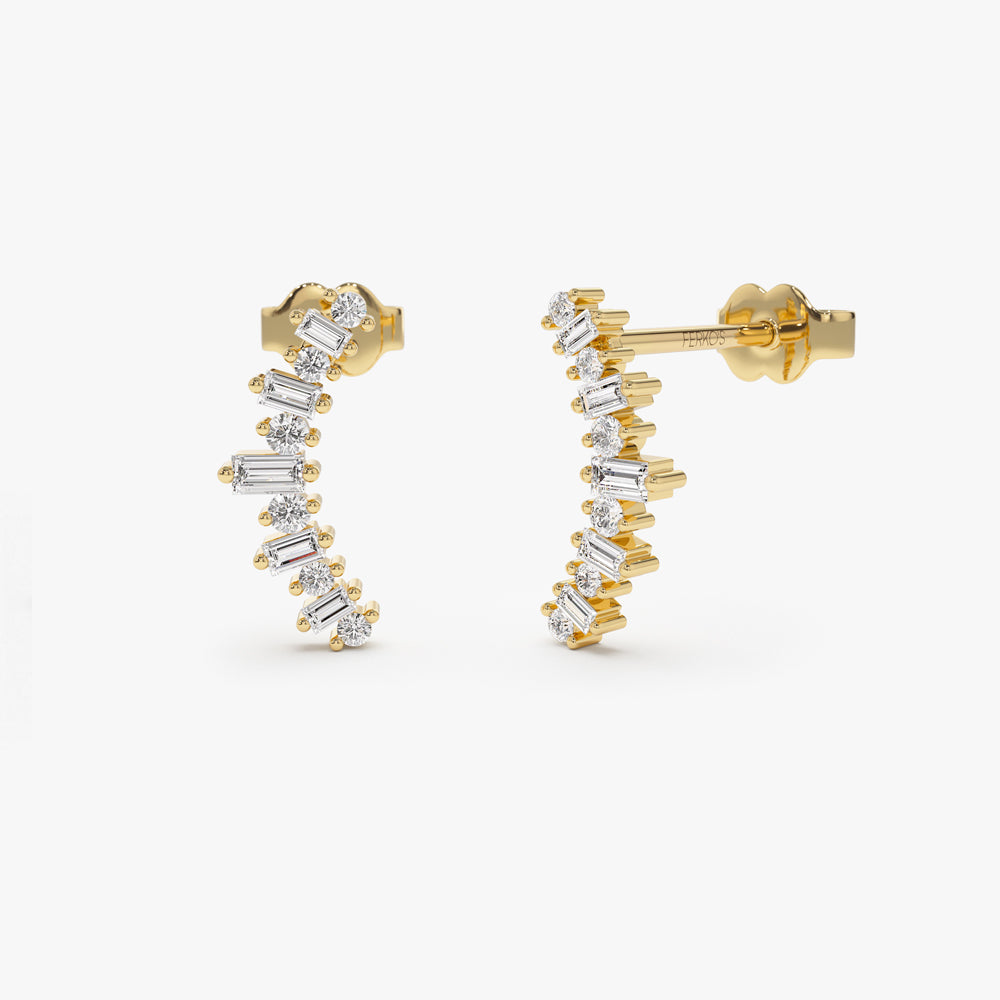 14k Baguette and Round Diamond Ear Crawler Earrings 14K Gold Ferkos Fine Jewelry