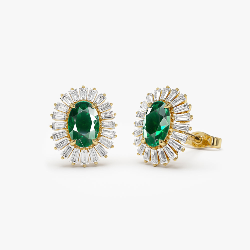 14k Emerald and Baguette Diamond Ballerina Stud Earrings 14K Gold Ferkos Fine Jewelry