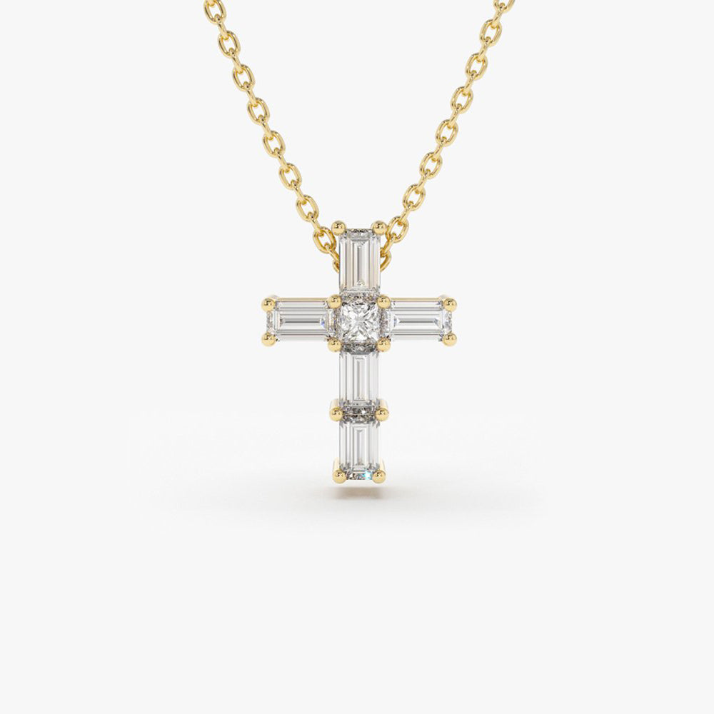 14K Gold Baguette Diamond Tiny Cross Necklace 14K Gold Ferkos Fine Jewelry