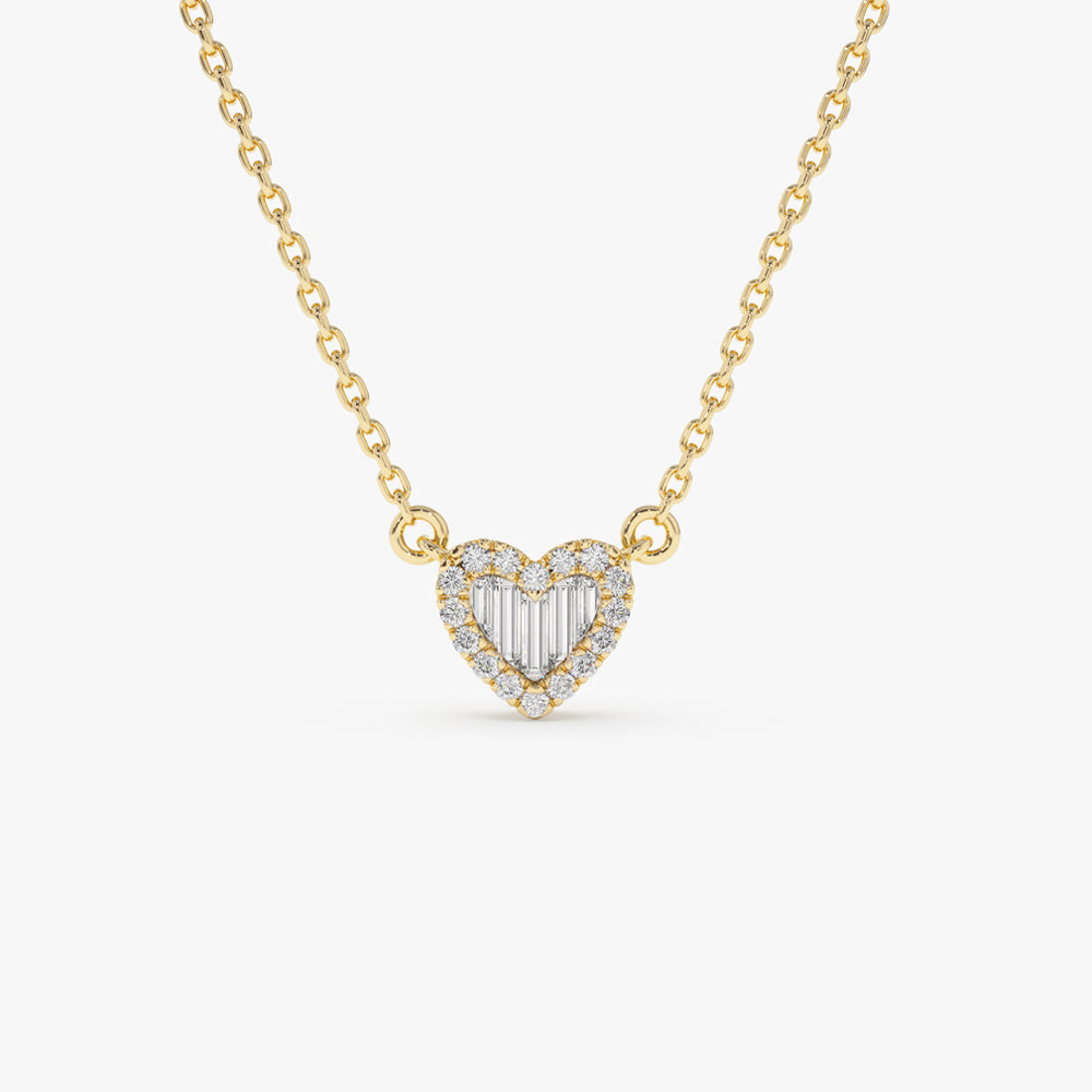 Round and Baguette Diamond Mini Heart Necklace in 14K 14K Gold Ferkos Fine Jewelry
