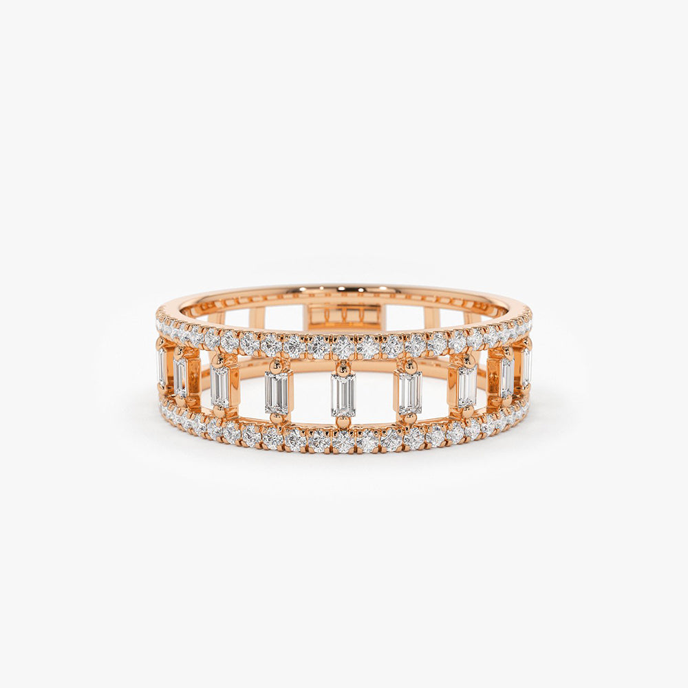 14k Double Row Micro Pave Diamond Ring with Baguette Diamond 14K Rose Gold Ferkos Fine Jewelry