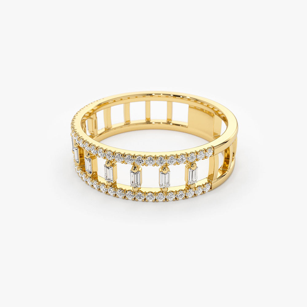 14k Double Row Micro Pave Diamond Ring with Baguette Diamond  Ferkos Fine Jewelry