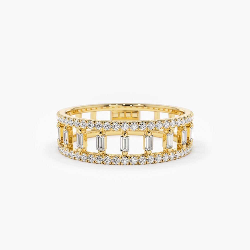 14k Double Row Micro Pave Diamond Ring with Baguette Diamond 14K Gold Ferkos Fine Jewelry
