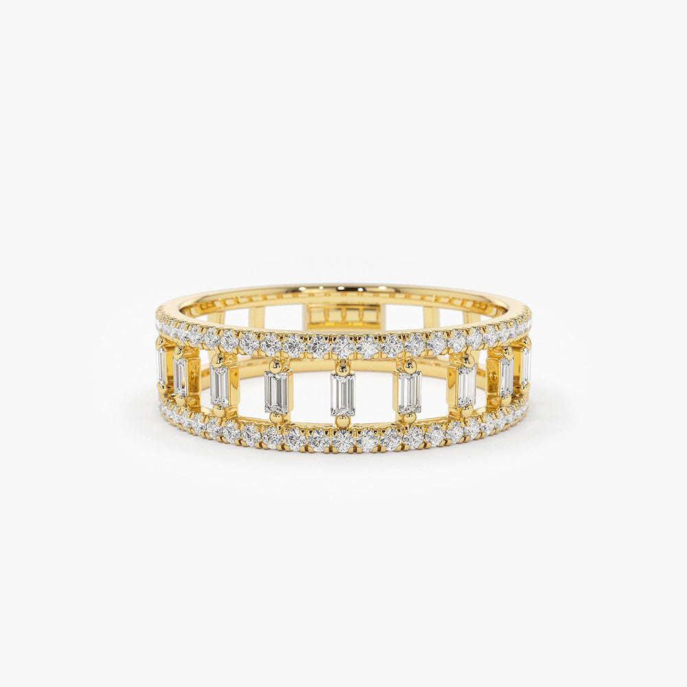 14k Double Row Micro Pave Diamond Ring with Baguette Diamond 14K Gold Ferkos Fine Jewelry