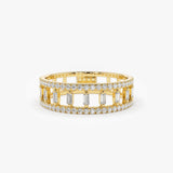 14k Double Row Micro Pave Diamond Ring with Baguette Diamond 14K Gold Ferkos Fine Jewelry