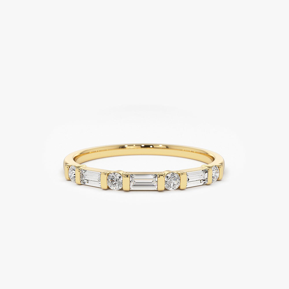 14K Alternating Baguette and Round Diamond Wedding Ring 14K Gold Ferkos Fine Jewelry