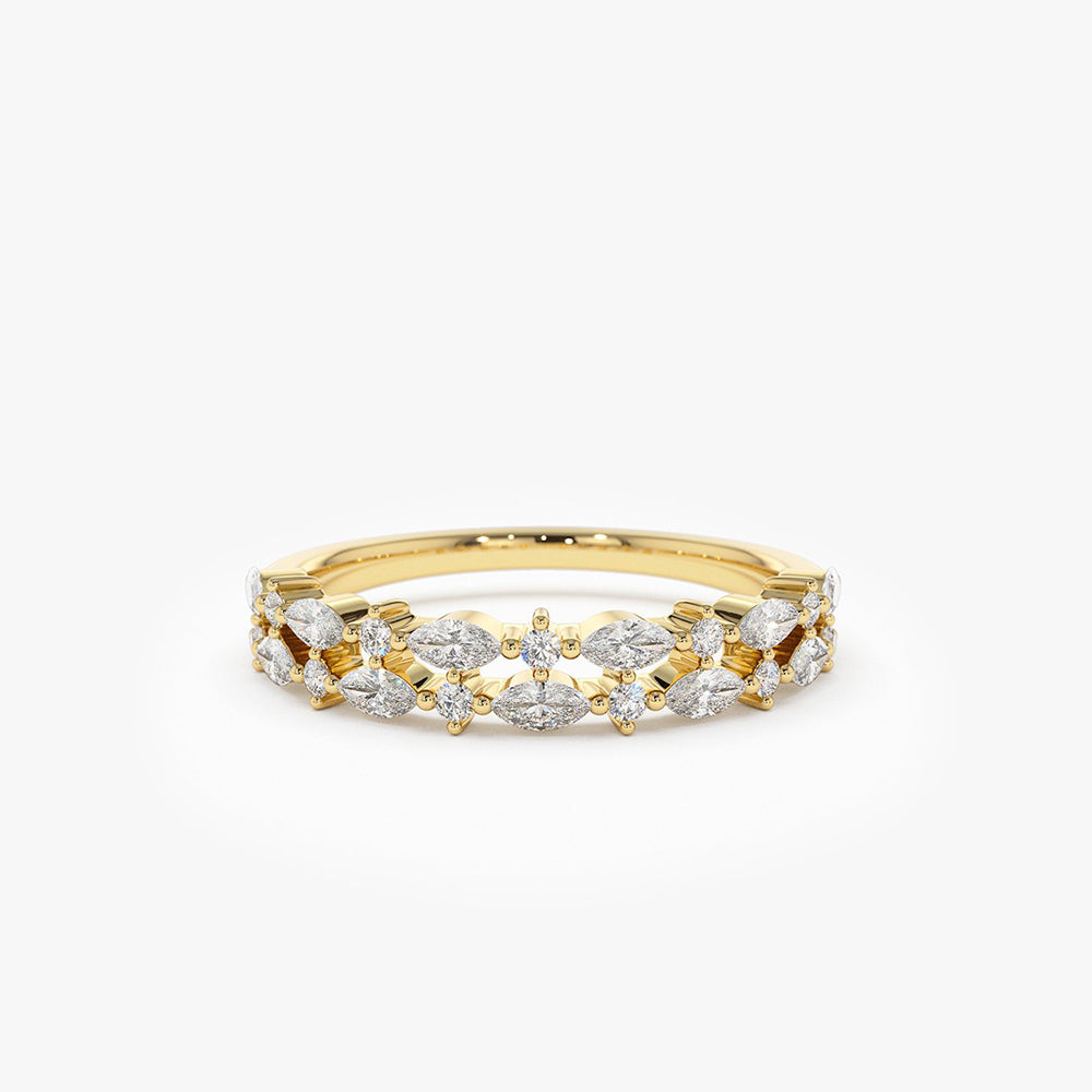 14K Gold Slanted Marquise and Round Diamond Ring