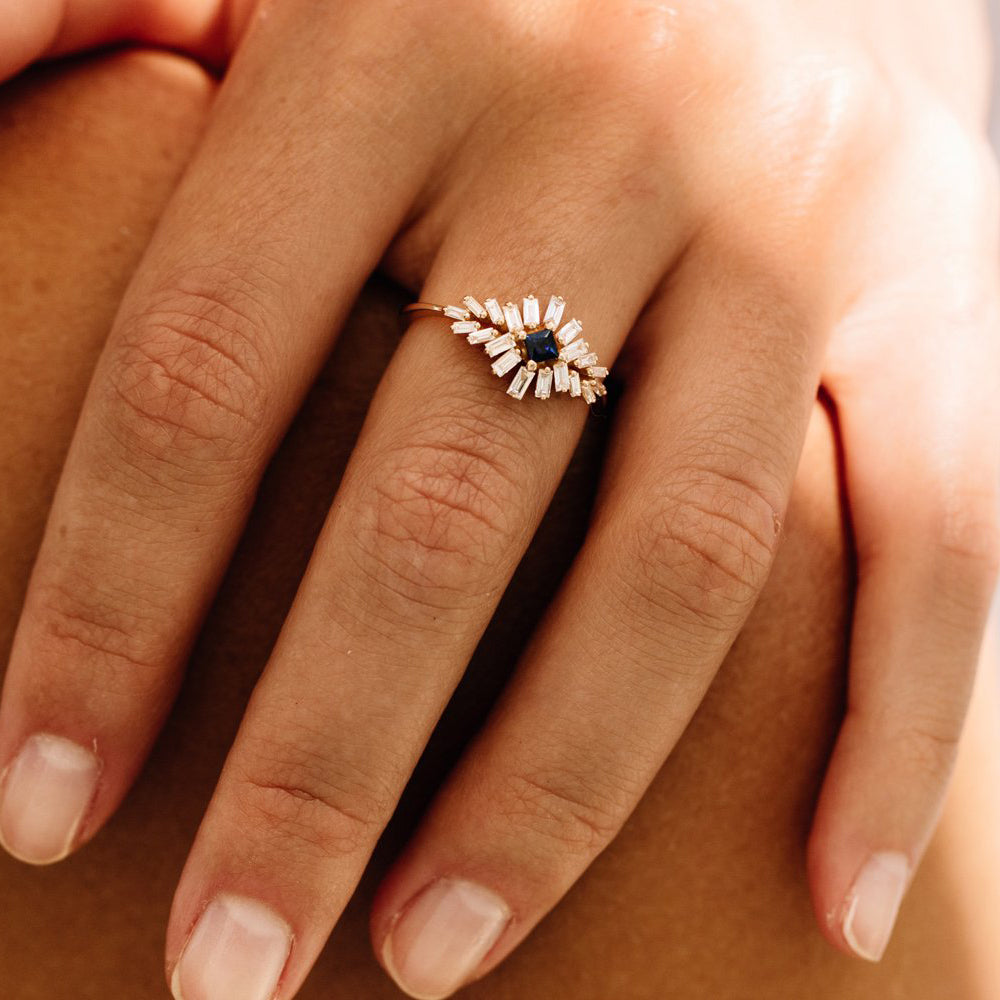 14K Baguette Diamond Ring with Square Sapphire  Ferkos Fine Jewelry