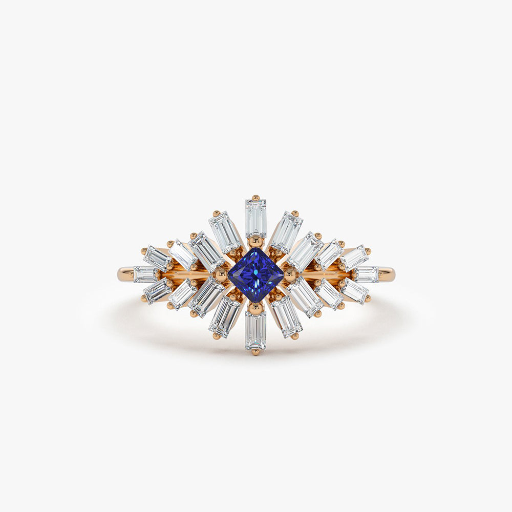 14K Baguette Diamond Ring with Square Sapphire 14K Rose Gold Ferkos Fine Jewelry