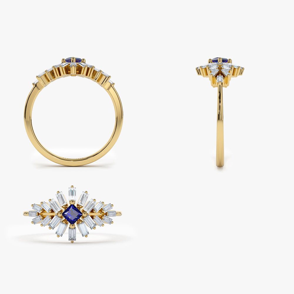 14K Baguette Diamond Ring with Square Sapphire  Ferkos Fine Jewelry
