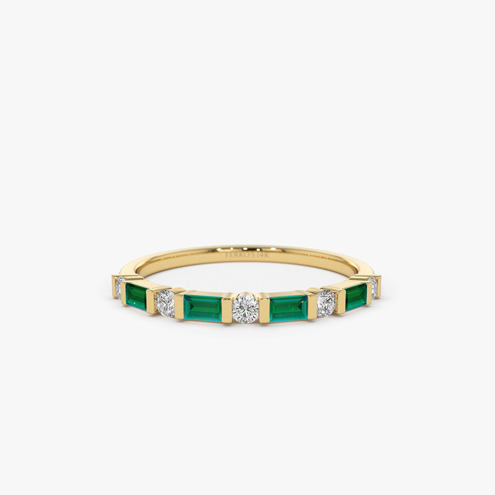 14k Emerald Baguette and Diamond Stackable Wedding Ring 14K Gold Ferkos Fine Jewelry