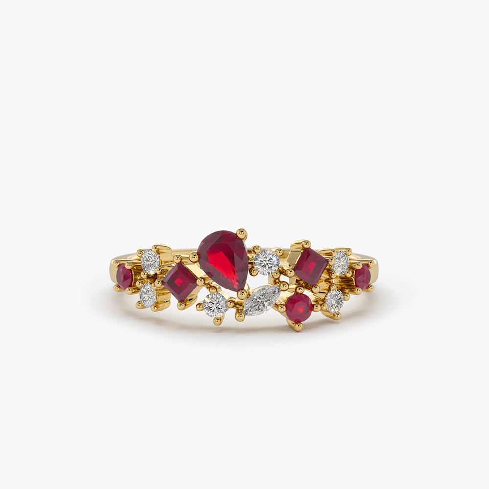 14k Ruby and Diamond Mixed Shape Cluster Ring 14K Gold Ferkos Fine Jewelry