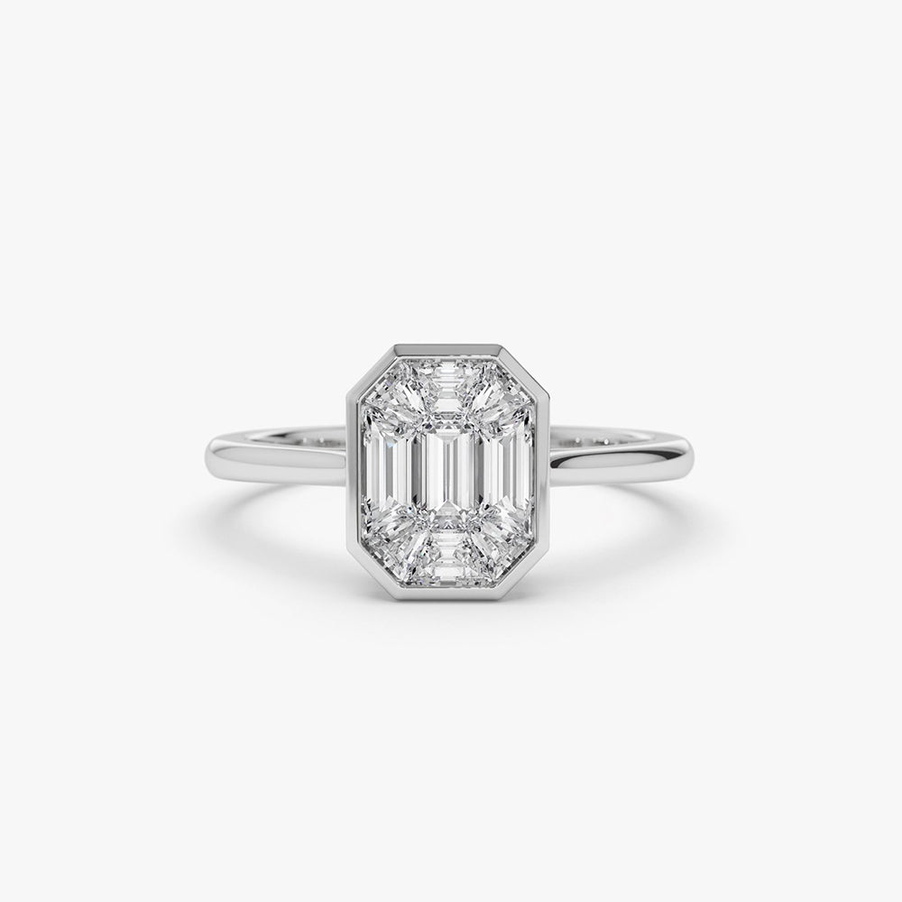 14k Emerald Cut Illusion Mosaic Solitaire Engagement Ring 14K White Gold Ferkos Fine Jewelry