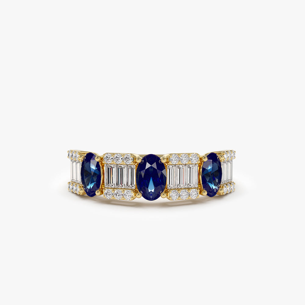 14K Baguette & Round Diamond with Genuine Sapphire Ring 14K Gold Ferkos Fine Jewelry