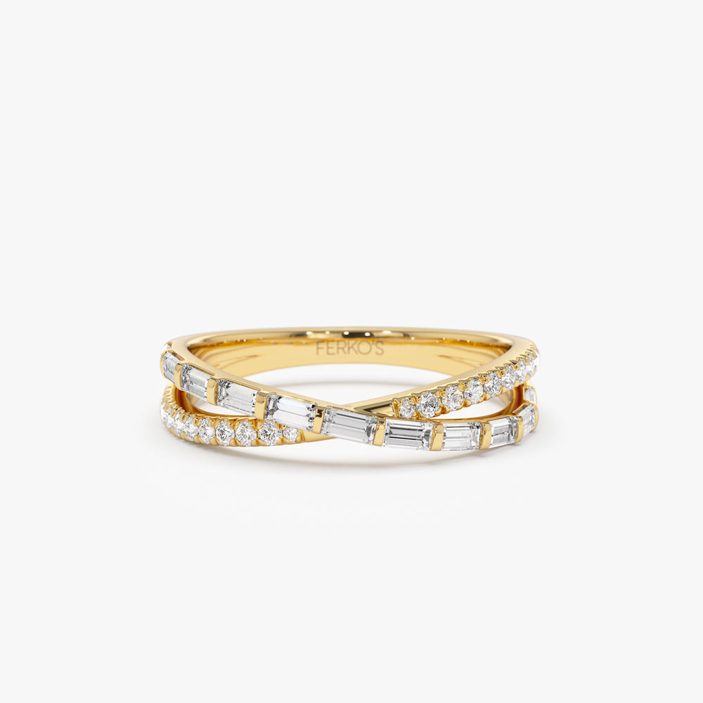 14k Mix Baguette and Round Diamond Crossover Ring – FERKOS FJ