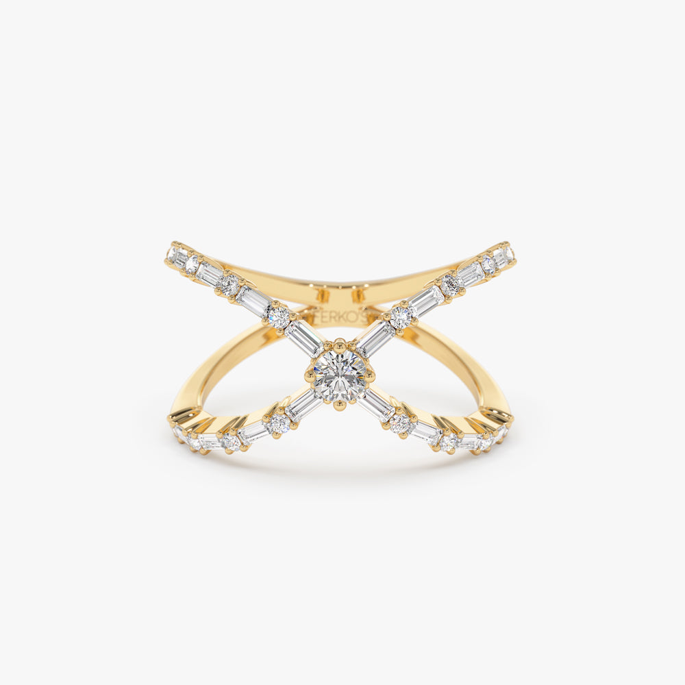 Baguette & Round Diamond Crisscross Ring in 14kt 14K Gold Ferkos Fine Jewelry