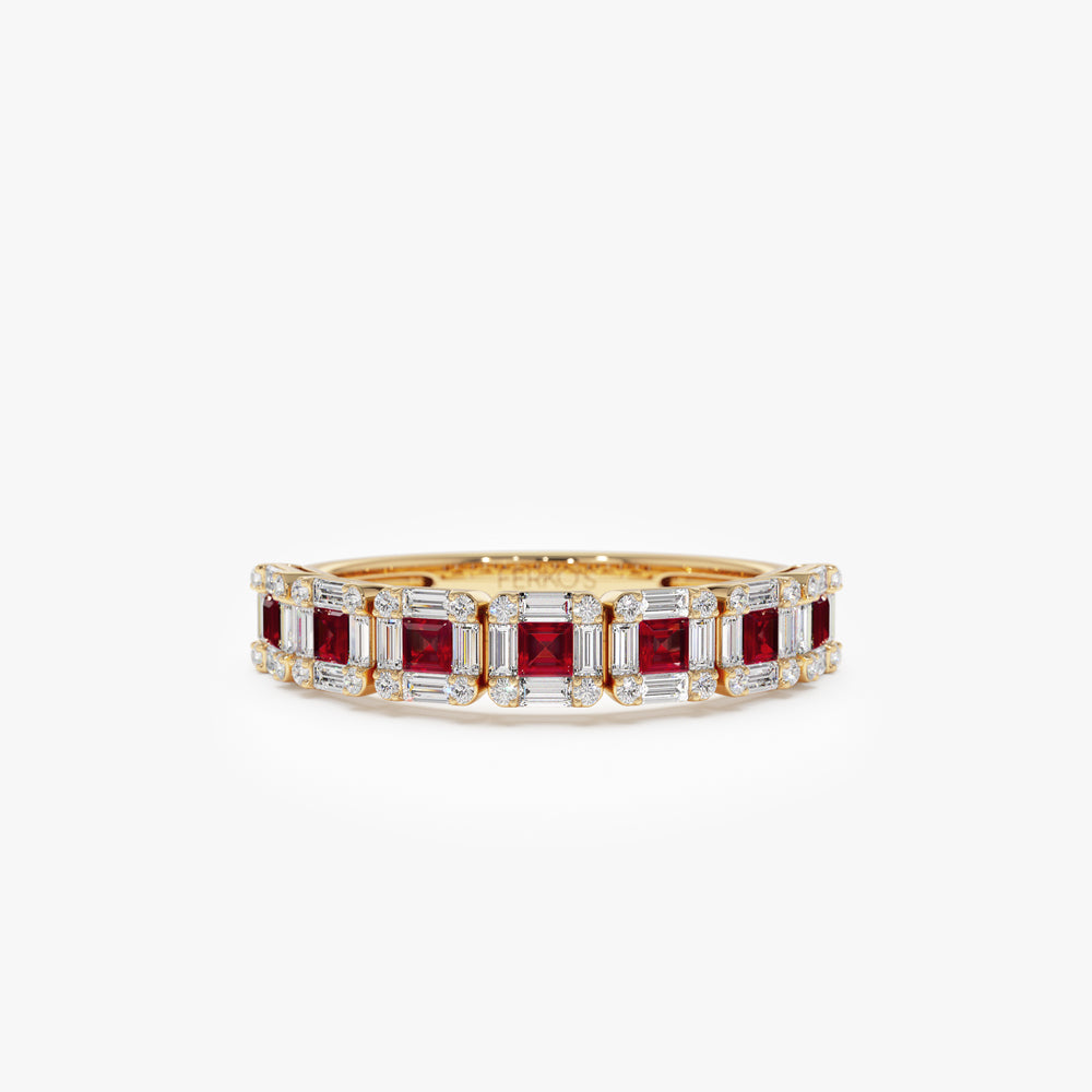 14k Princess Cut Ruby W/ Baguette and Round Diamond Ring 14K Gold Ferkos Fine Jewelry