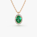 14K Gold Oval Cut Emerald Halo Diamond Necklace 14K Rose Gold Ferkos Fine Jewelry