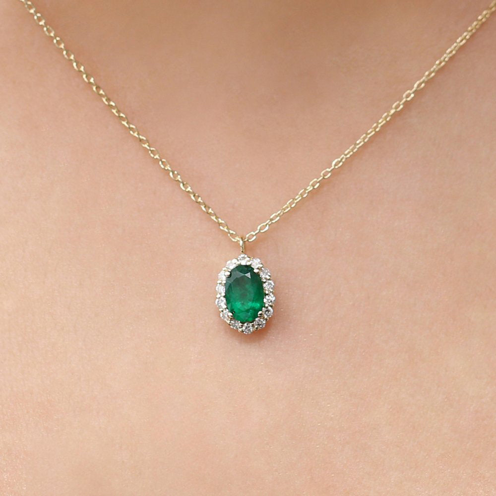 14K Gold Oval Cut Emerald Halo Diamond Necklace – FERKOS FJ