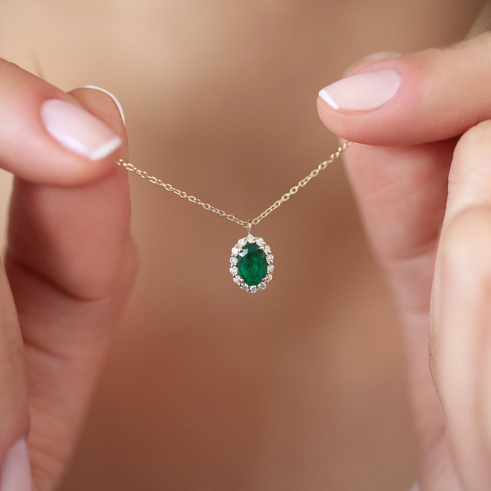 14K Gold Oval Cut Emerald Halo Diamond Necklace – Ferkos Fine Jewelry