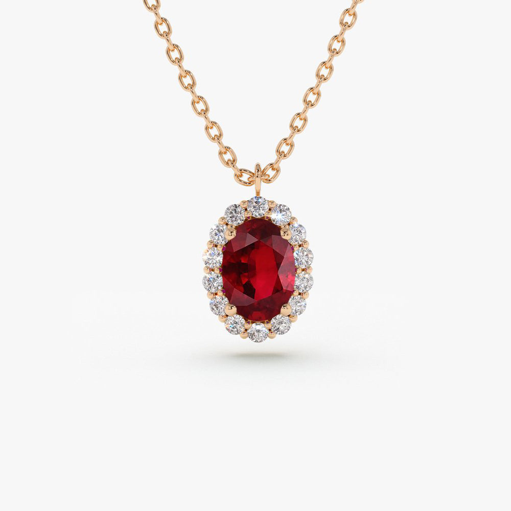 Vintage Halo Diamond Pear Ruby Necklace