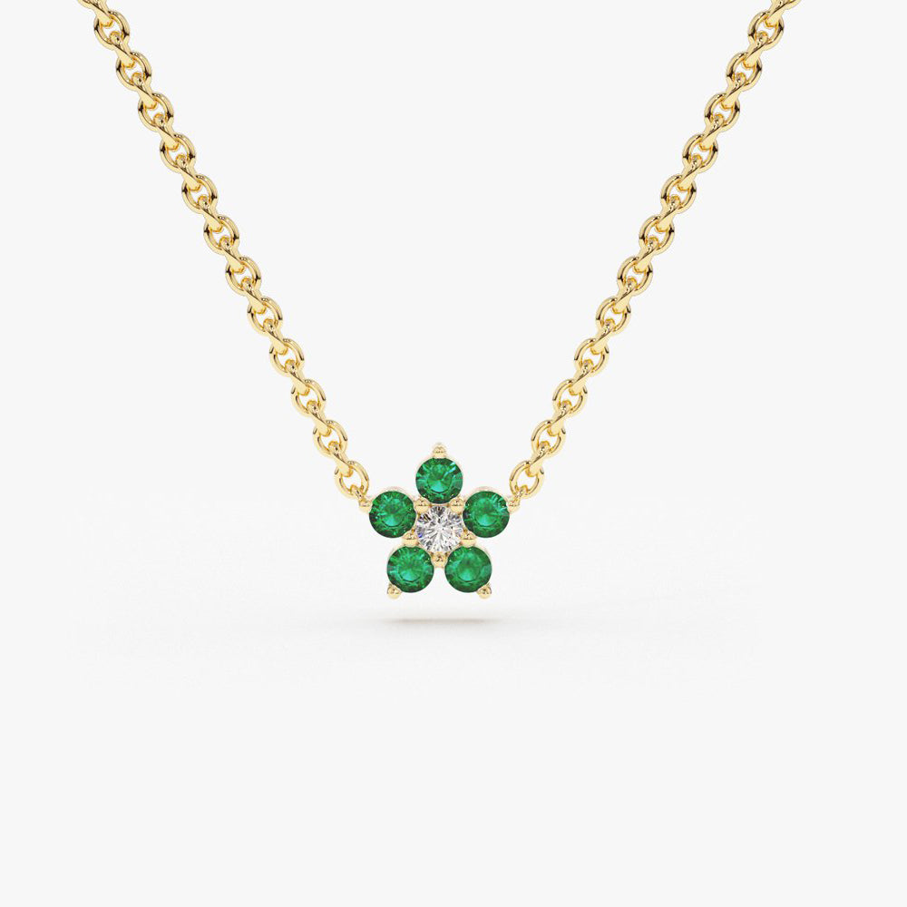 14K Emerald and Diamond Flower Charm Necklace 14K Gold Ferkos Fine Jewelry