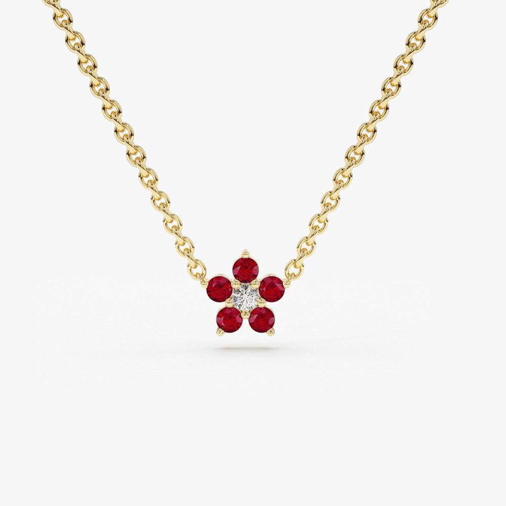 14K Ruby and Diamond Flower Charm Necklace 14K Gold Ferkos Fine Jewelry