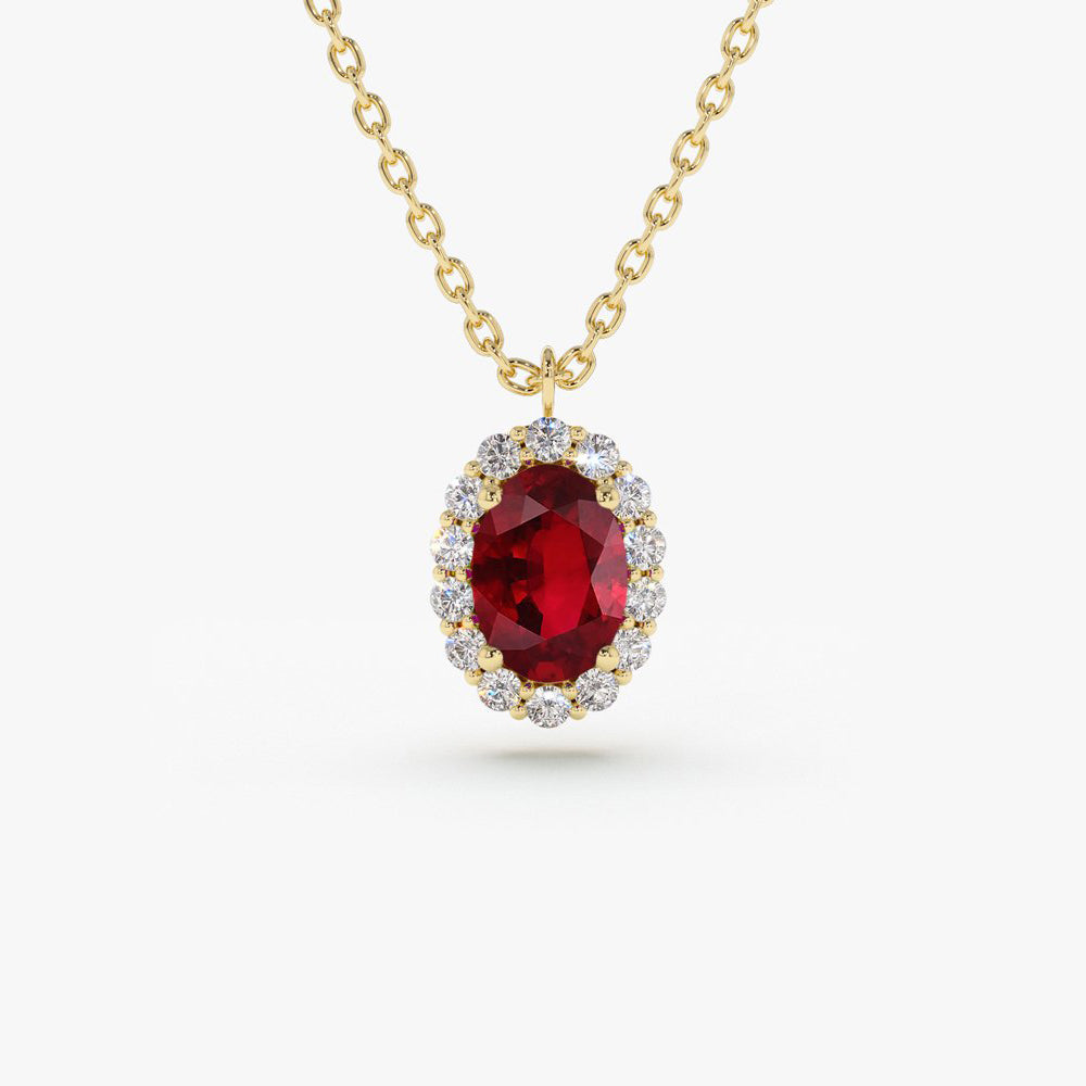 14K Gold Oval Cut Ruby Halo Diamond Necklace – FERKOS FJ