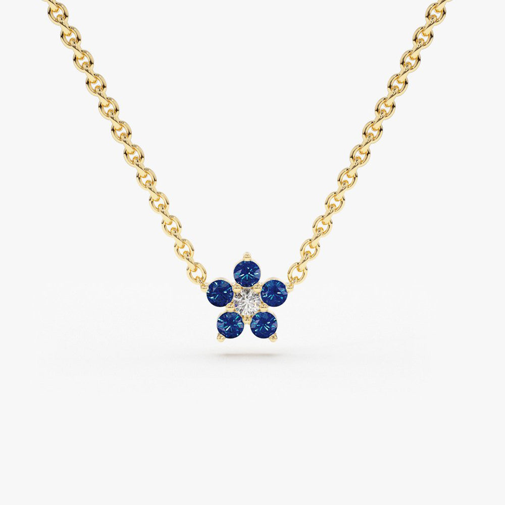 14k Sapphire and Diamond Flower Charm Necklace 14K Gold Ferkos Fine Jewelry