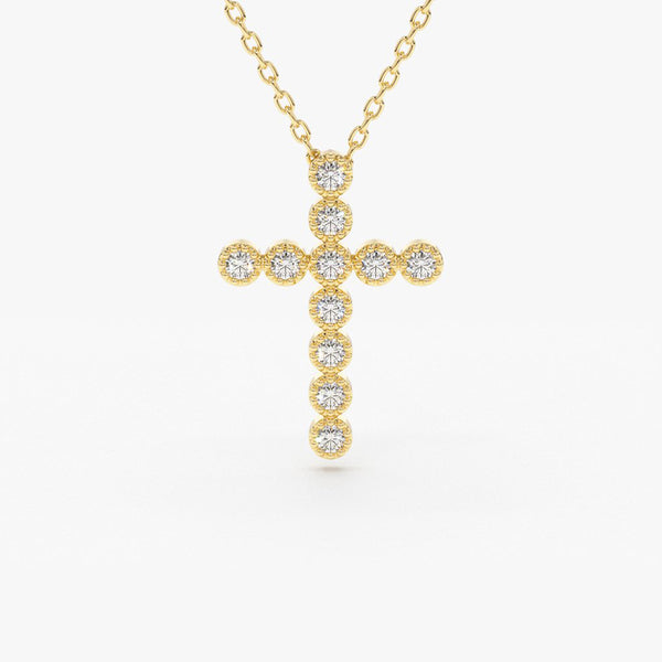 14K Two-Tone Gold Cross Pendant - Diamond Cut & Milgrain Finish, 40 Mm Length, High Polished, Unisex