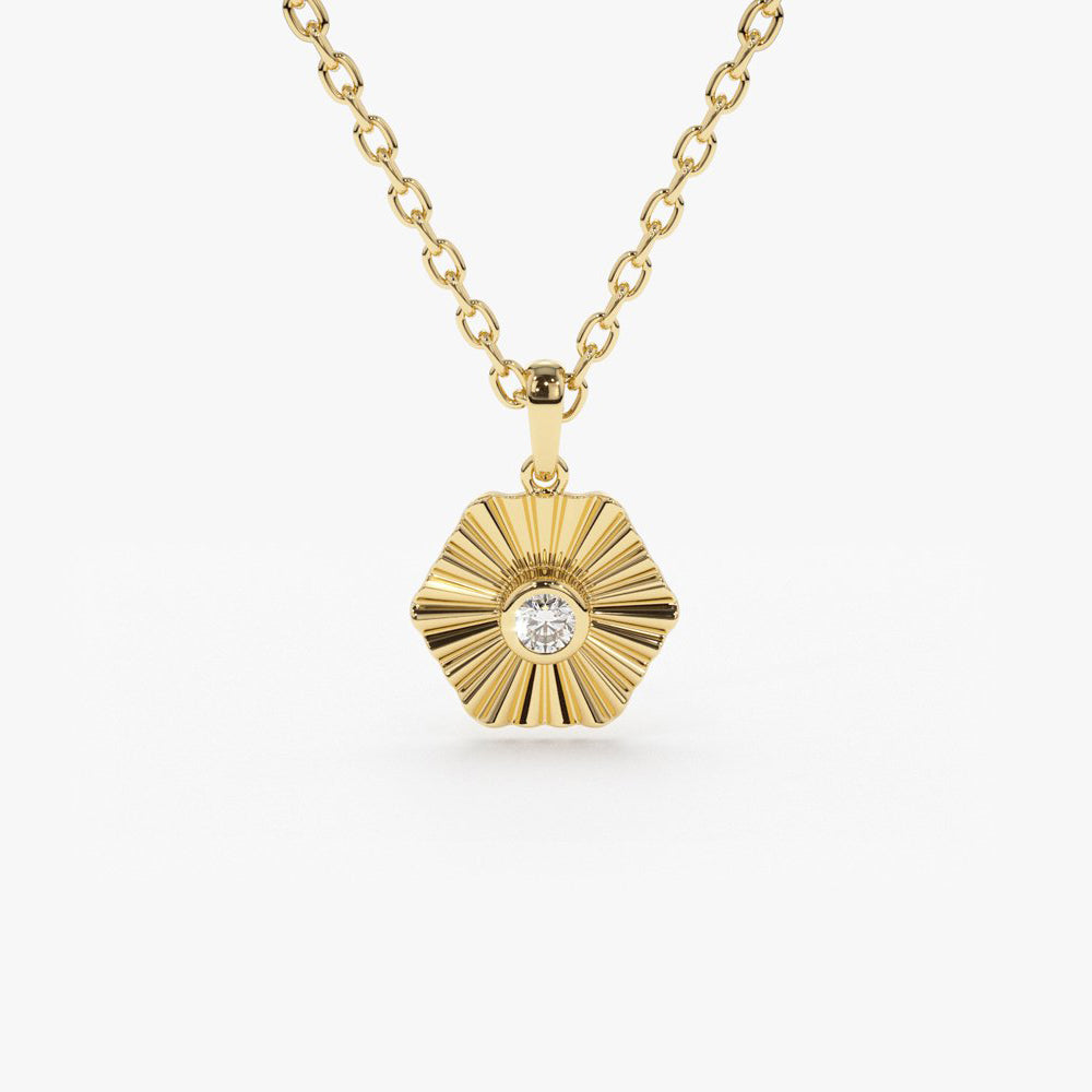 14K Gold Hexagon Diamond Disc Ray Necklace 14K Gold Ferkos Fine Jewelry