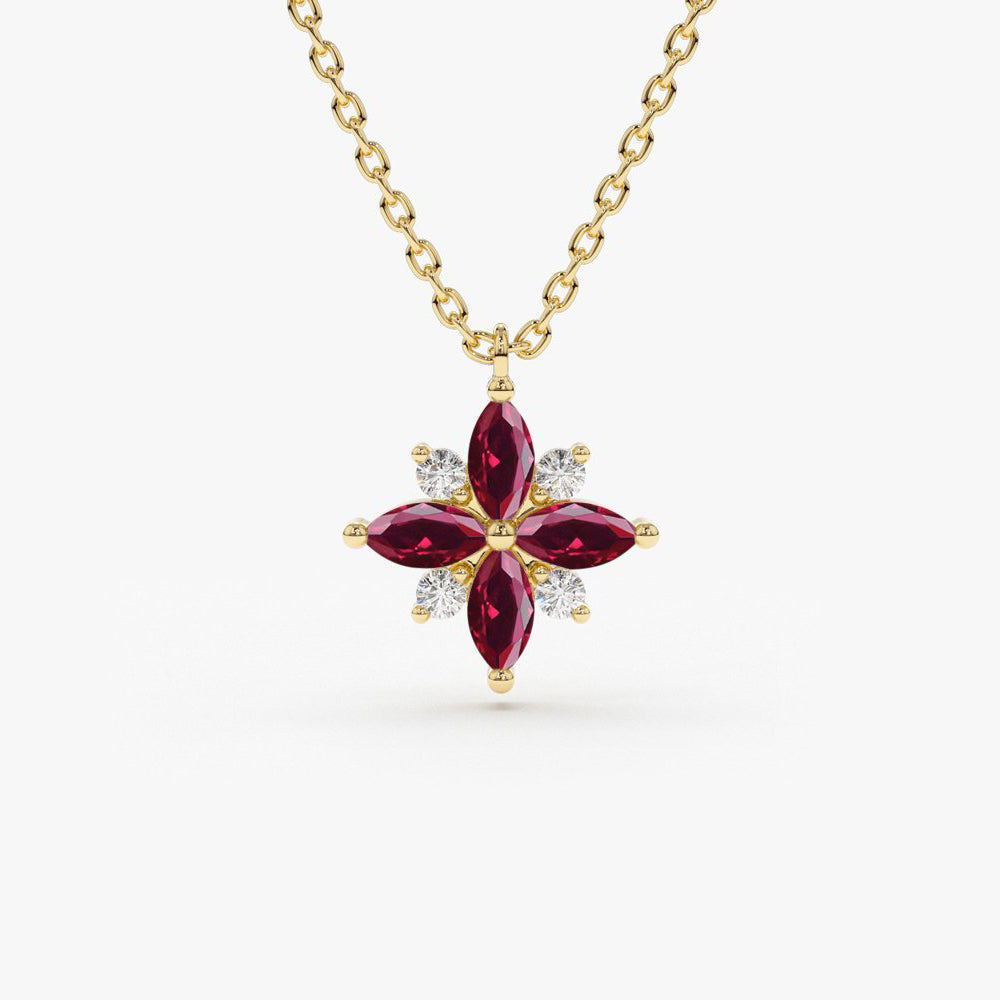 14K Floral Design Marquise Ruby and Diamond Pendant 14K Gold Ferkos Fine Jewelry