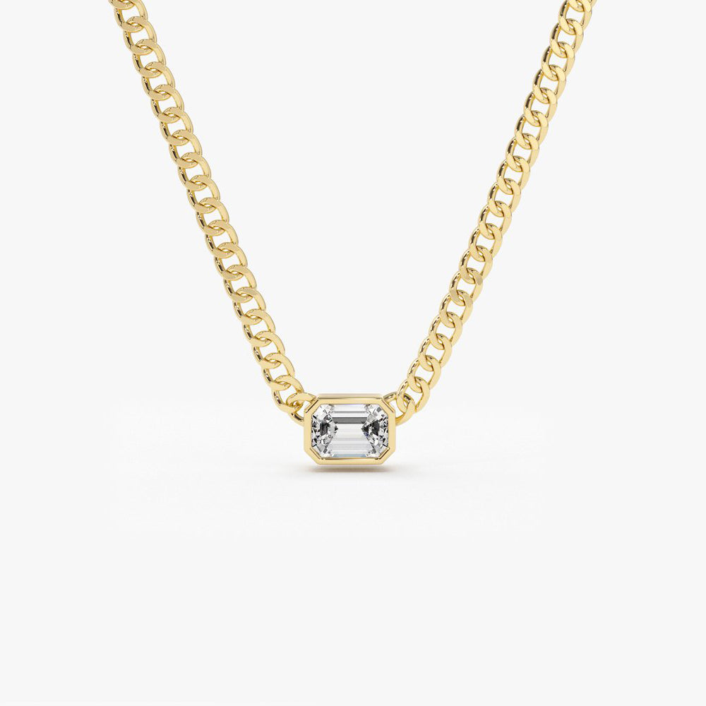 14k Gold Cuban Link Bezel Setting Emerald Cut Diamond Necklace 13 Inches Ferkos Fine Jewelry