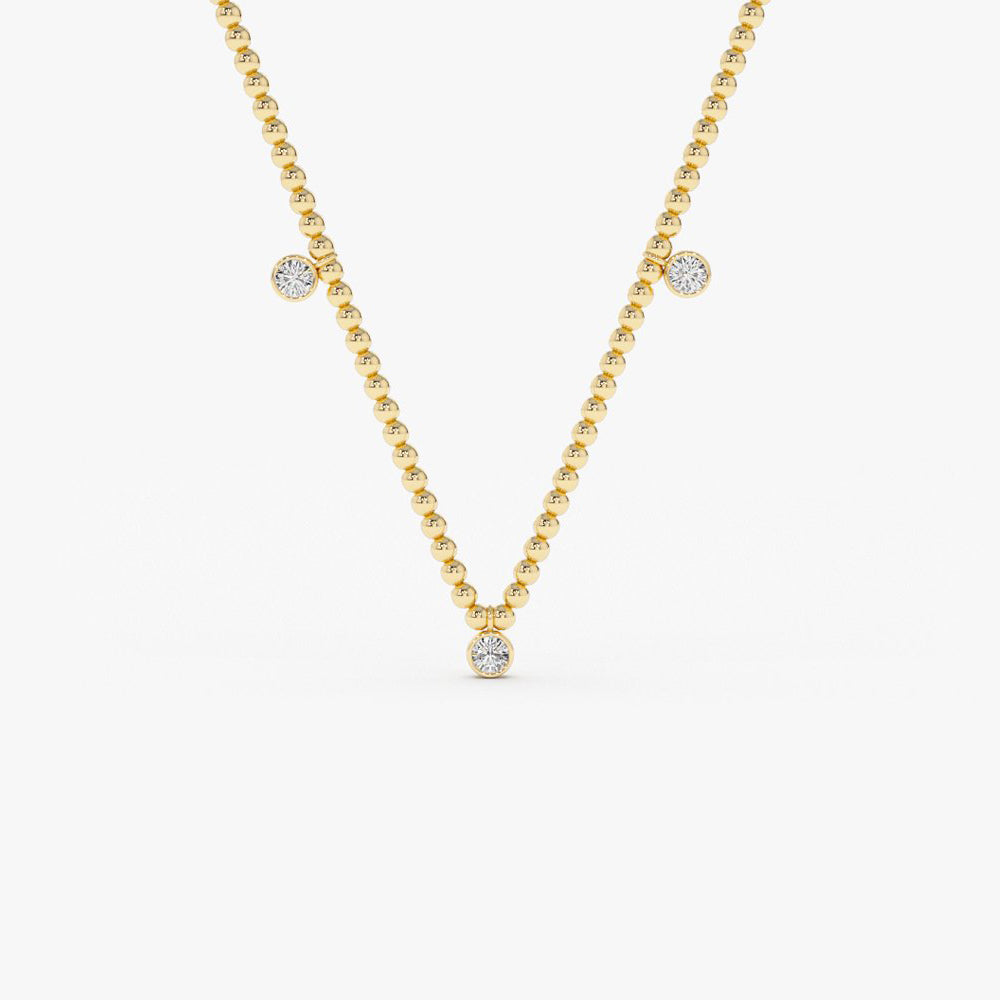 14k 2MM Bead Necklace with Dangling Bezel Setting Diamonds 14K Gold Ferkos Fine Jewelry
