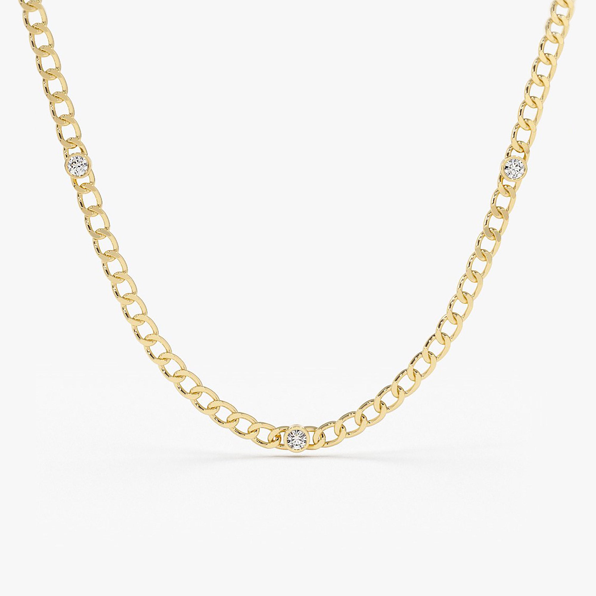14K Gold Cuban Link Necklace w/ Bezel Setting Diamond 1 Diamond Ferkos Fine Jewelry