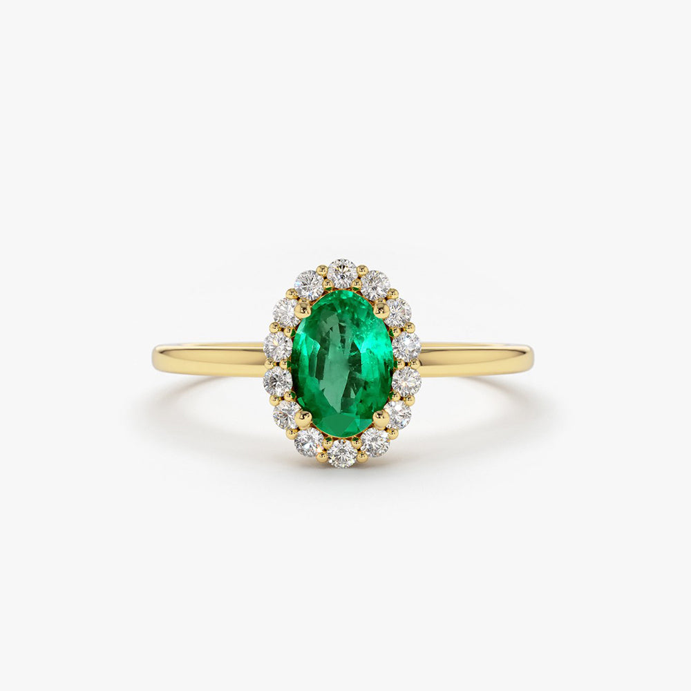 14K Gold Oval Cut Emerald Halo Diamond Ring 14K Gold Ferkos Fine Jewelry