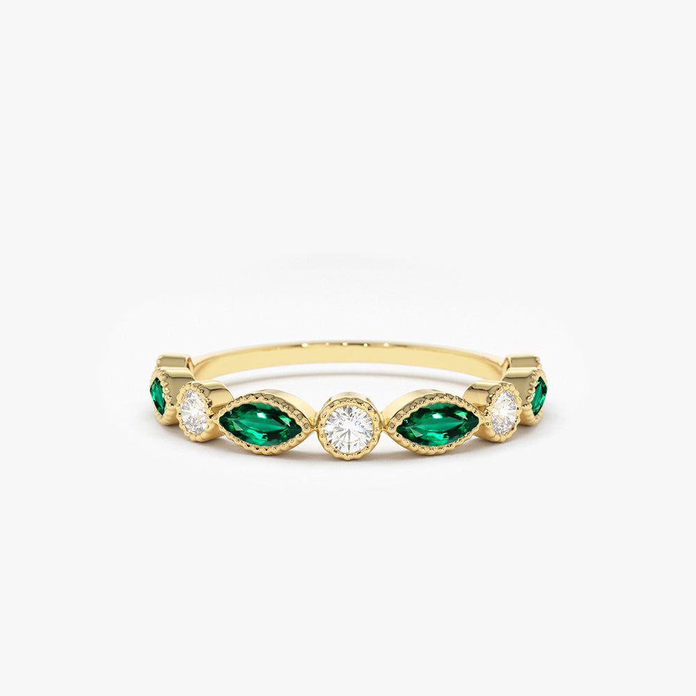 14k Marquise Emerald and Diamond Wedding Band 14K Gold Ferkos Fine Jewelry
