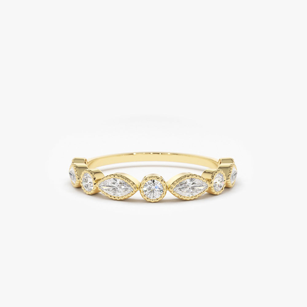 14K Marquise and Round Diamond Milgrain Bezel Setting Ring