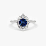14k Round Sapphire Halo Diamond Engagement Ring 14K White Gold Ferkos Fine Jewelry