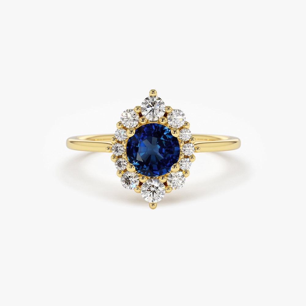 14k Round Sapphire Halo Diamond Engagement Ring 14K Gold Ferkos Fine Jewelry