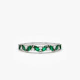 14k Slanted Emerald and Round Diamond Ring 14K White Gold Ferkos Fine Jewelry