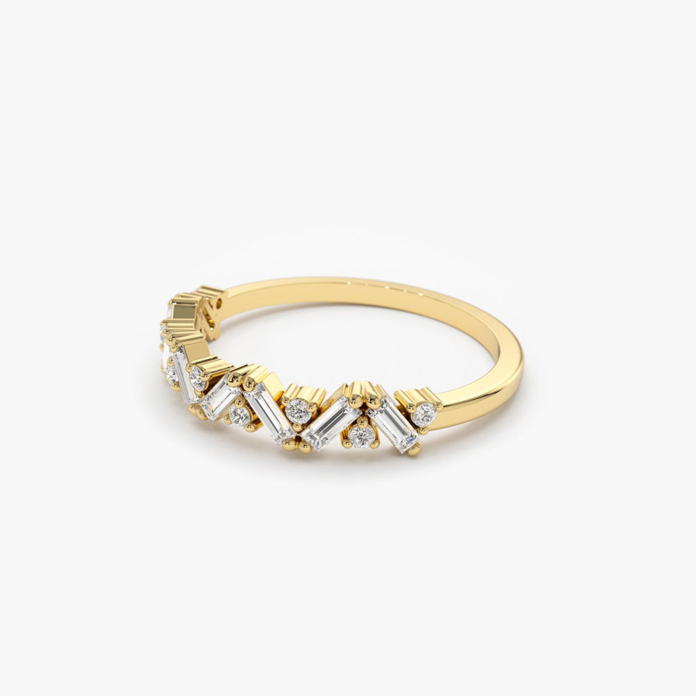 14K Gold Slanted Baguette and Round Diamond Ring